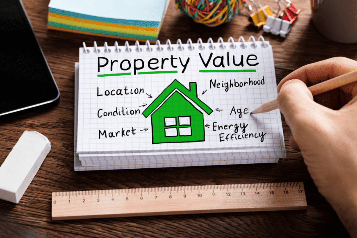 A notebook that says “property value.”